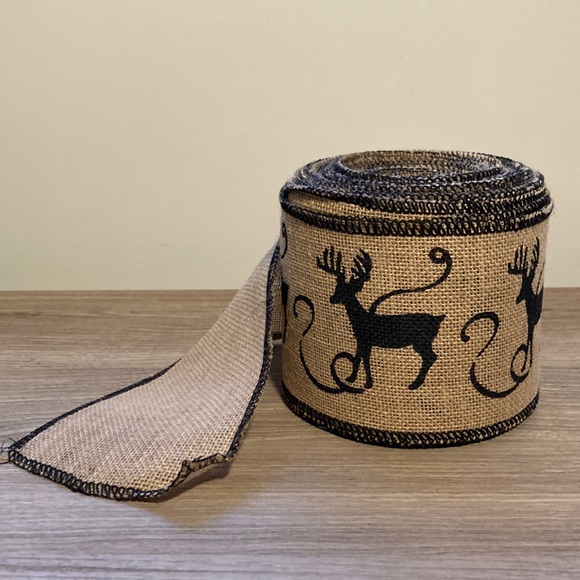 Burlap ribbon spool with deers 4” wide 31 feet - Picture 2 of 9
